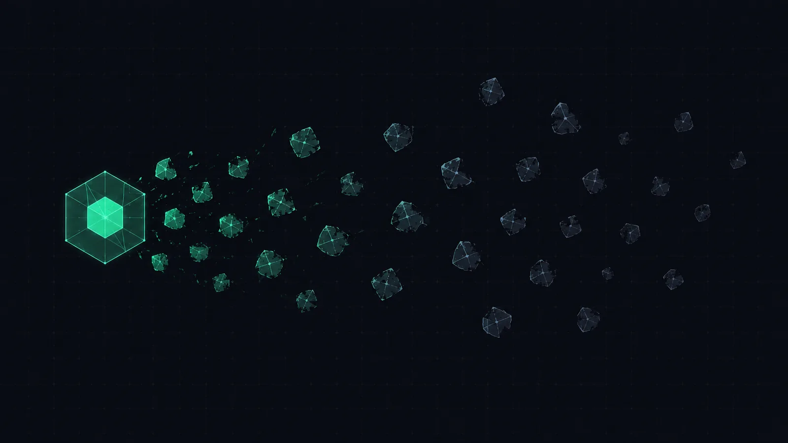 Diagram showing a single solid node fragmenting into dozens of smaller, disconnected, degraded copies of itself
