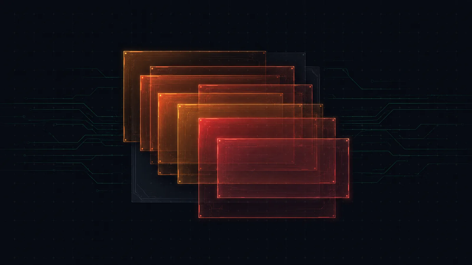 Diagram of stacked translucent warning-coloured layers obscuring a dim panel underneath, representing pop-ups and forced redirects