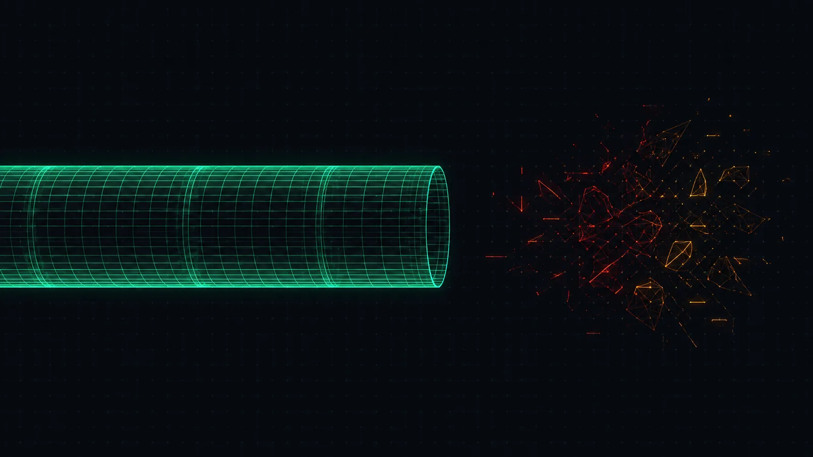 A glowing wireframe tube running from the left and terminating in open space, with a cluster of red and amber hazard fragments sitting entirely outside and beyond its open end